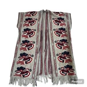 Cuauhtemoc Mexican Poncho Aztec Ruler Woven Grey Red Navy Blue Fringe One Size